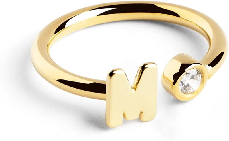 SINGULARU ▫️ Anel Personalizado Letter Diamond Dourado - Anel Ajustável - Prata de Lei 925 com Acabamento em Banho de Ouro de 18 quilates - Tamanho Único - Joias para Mulher - Fabricado em Espanha