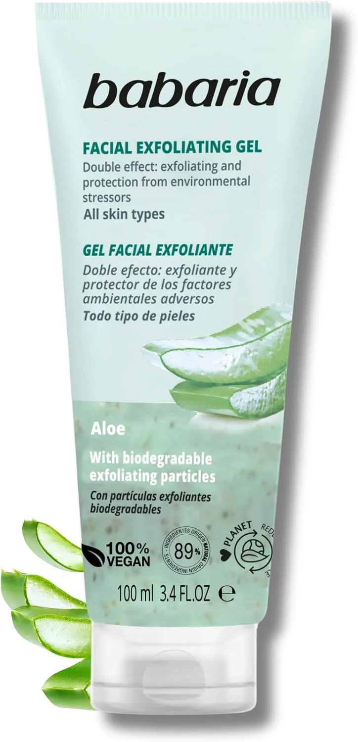 Babaria ▫️ Esfoliante Facial com Aloe Vera 100 ml, elimina células mortas e impurezas | Gel de limpeza facial com partículas esfoliantes biodegradáveis | Produtos de limpeza facial 100% veganos