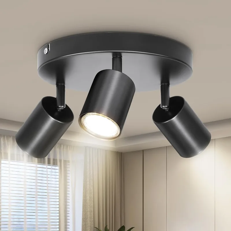Dehobo ▫️ Candeeiro de teto com 3 focos giratórios GU10, candeeiro de teto com focos LED pretos ajustáveis, candeeiros de teto para interiores, iluminação para quarto, corredor e cozinha, sem lâmpada GU10
