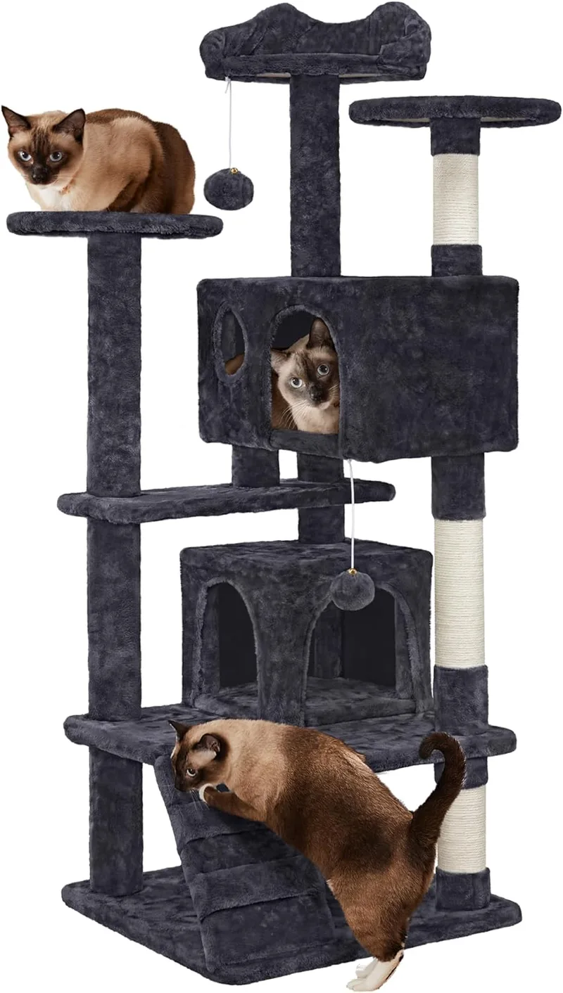 Yaheetech ▫️ Árvore de arranhar para gatos, 139 cm, com 3 plataformas, 2 ninhos e 2 pompons. Torre de escalada com postes de sisal. Ideal para 3-4 gatos. Preto