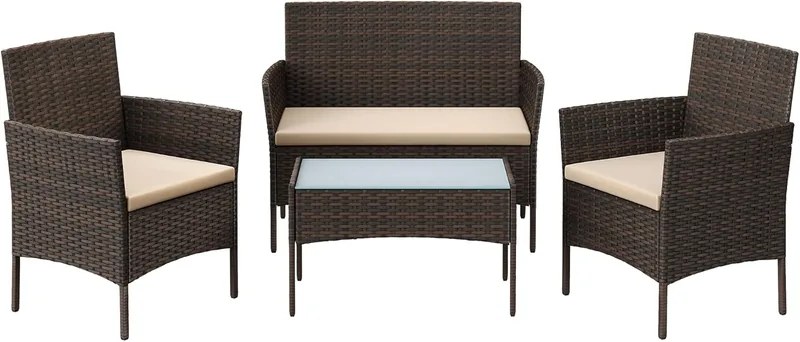 SONGMICS ▫️ Conjunto de mobiliário de jardim mobiliário de pátio em rattan, mobiliário de vime em PE para o pátio, castanho e cinzento-escuro GGF004K05