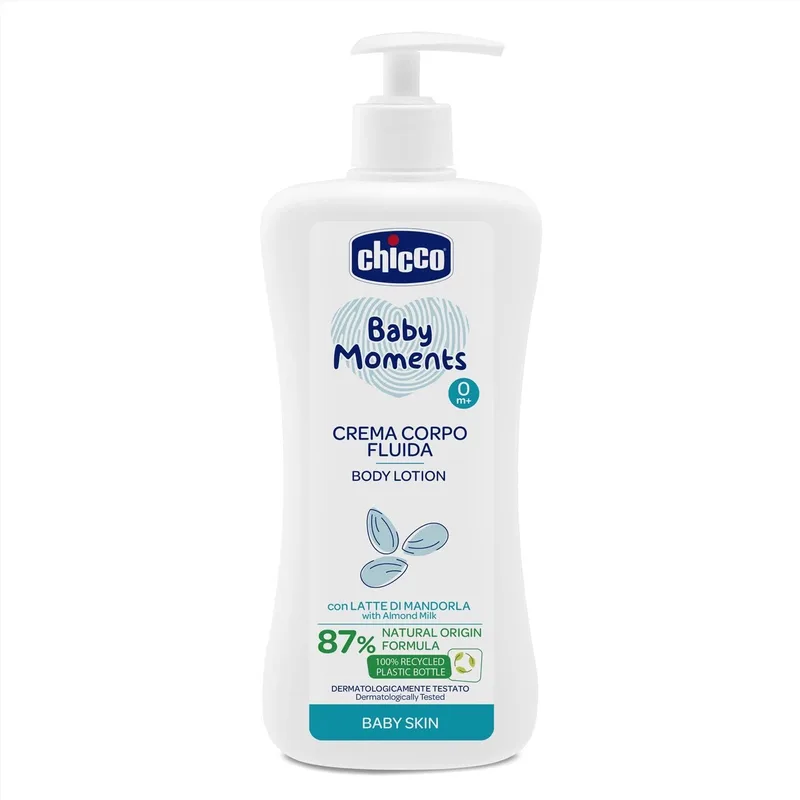 Chicco ▫️ Baby Moments - Creme corporal líquido com leite de amêndoa com fórmula natural, 0+ meses - 500 ml