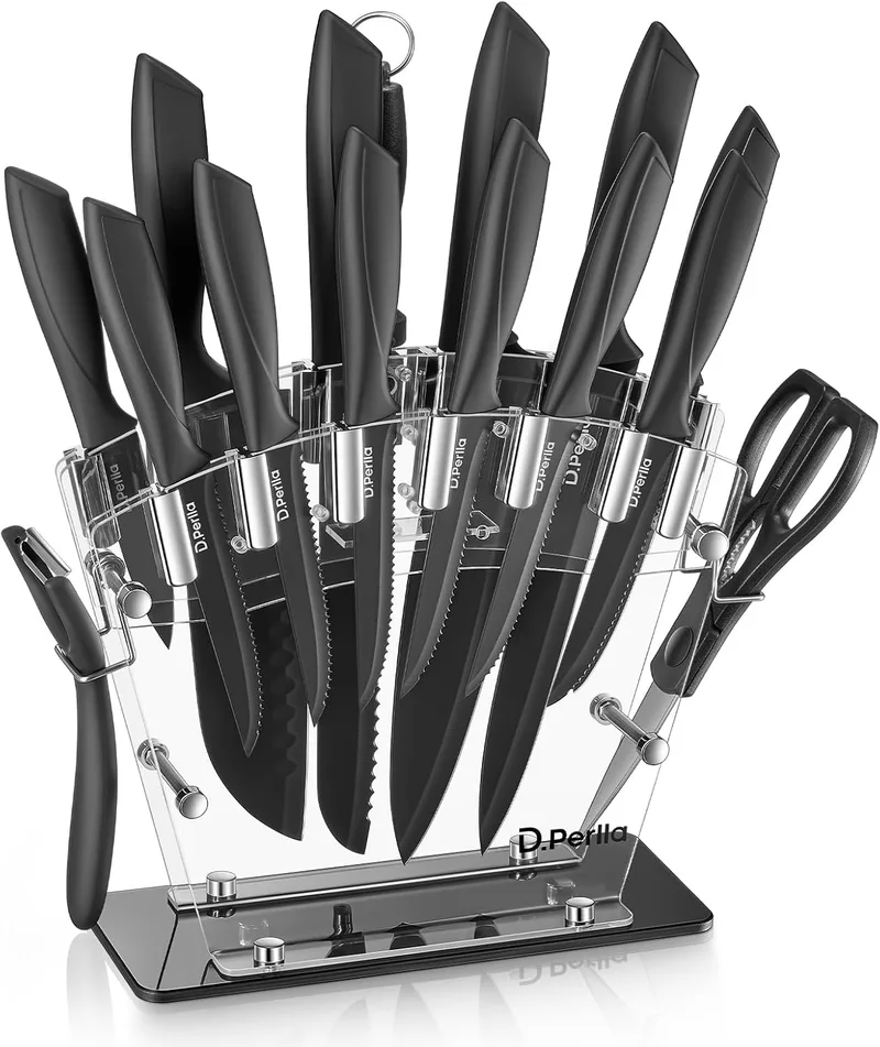 D.Perlla ▫️ Conjunto de facas de cozinha 16 peças, revestimento antiaderente preto, aço inoxidável de alto teor de carbono, afiadas e resistentes à oxidação, com suporte em acrílico e afiador