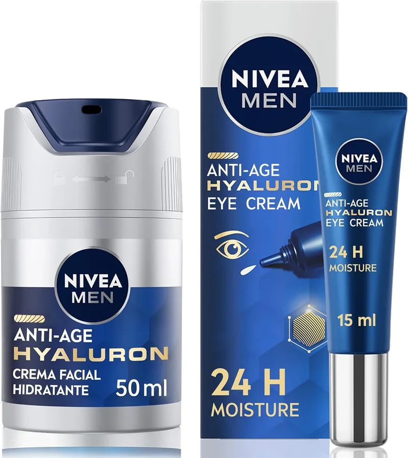 NIVEA MEN ▫️ Hyaluron Creme Hidratante Anti-Envelhecimento FP15 + Contorno de Olhos Anti-Envelhecimento com Ácido Hialurónico
