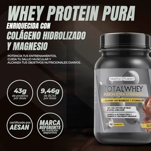 Healthy FUSION ▫️ Whey Protein | Proteína pura com colagénio, magnésio e vitamina B6 | 43 g de proteína + 9 g de BCAA | Melhora os teus treinos, aumenta a massa muscular e fortalece as articulações | 1 kg 2