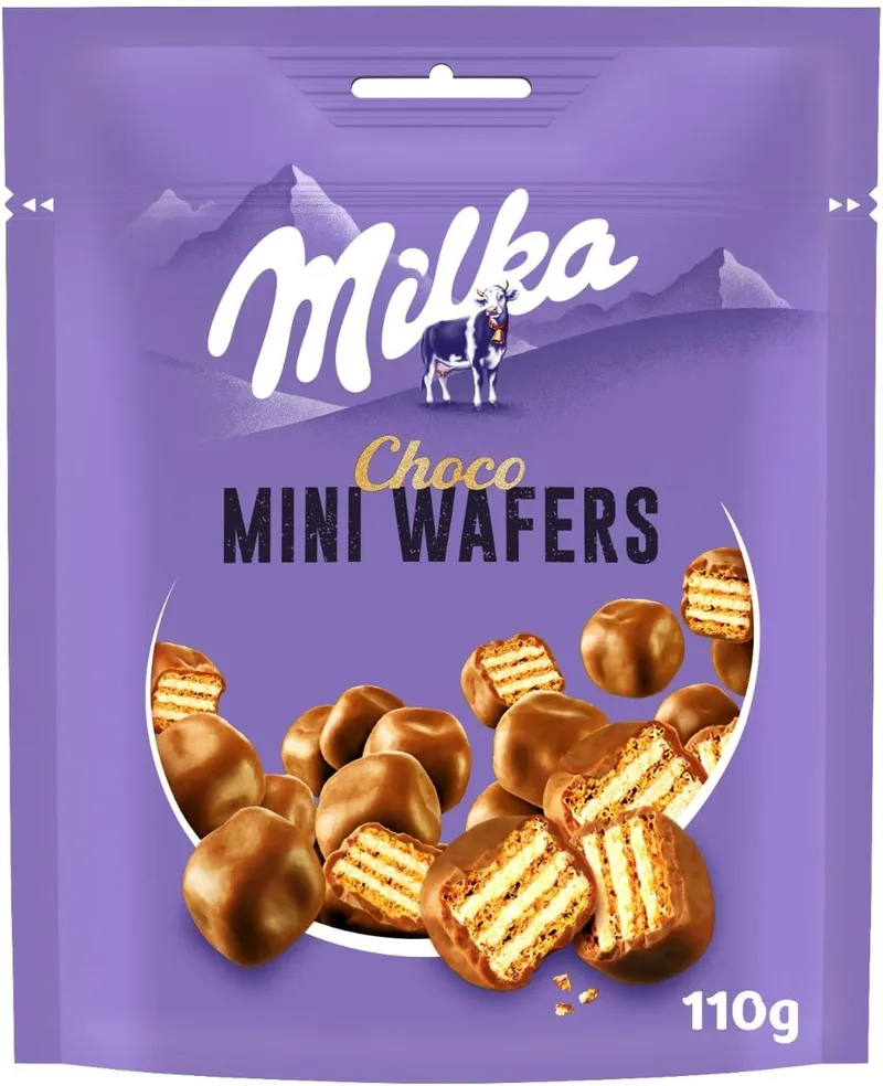 Milka ▫️ Mini Wafers Bolachas de wafer com recheio cremoso e cobertas com chocolate de leite alpino 110g