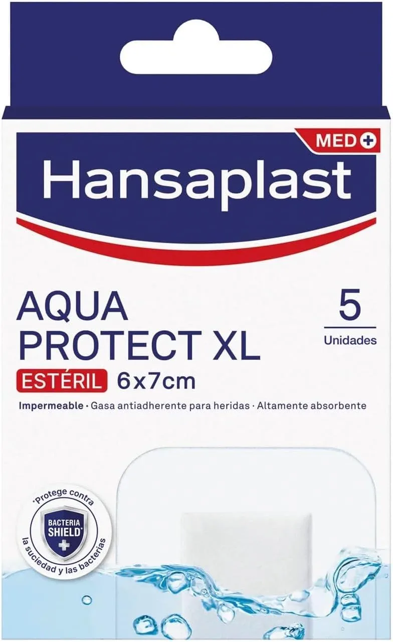 Hansaplast ▫️ Aqua Protect XL Pensos para feridas, Pensos esterilizados e impermeáveis, Feridas grandes e pós-operatórias, Bloqueia 99% das bactérias, 5 pensos, 6 x 7 cm