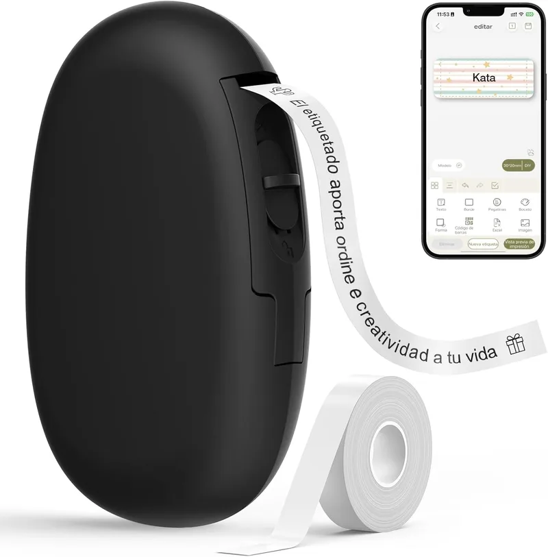 SUPVAN ▫️ E10 Impressora de etiquetas Bluetooth com etiquetas autocolantes contínuas, preta | Aplicação com mais de 30 tipos de letra e mais de 600 símbolos, recarregável, compatível com mais de 40 tipos de etiquetas, ideal para casa, escola e escritório