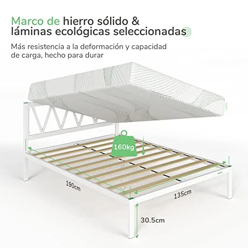 Novilla ▫️ Colchão 135x190 cm com 5 pés altos e cabeceira, 30 cm de altura, estrutura metálica ecológica em aço com lâminas de álamo, antirruído e fácil de montar (Avançado, Branco) 2