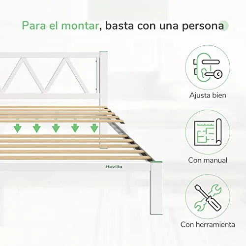 Novilla ▫️ Colchão 135x190 cm com 5 pés altos e cabeceira, 30 cm de altura, estrutura metálica ecológica em aço com lâminas de álamo, antirruído e fácil de montar (Avançado, Branco) 4