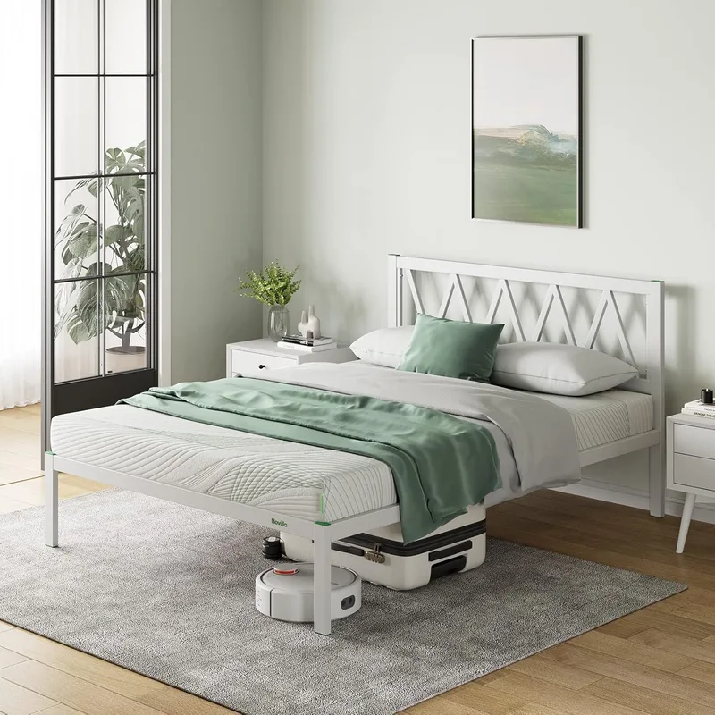 Novilla ▫️ Colchão 135x190 cm com 5 pés altos e cabeceira, 30 cm de altura, estrutura metálica ecológica em aço com lâminas de álamo, antirruído e fácil de montar (Avançado, Branco)