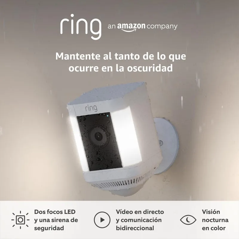 Ring ▫️ Câmara Plus com luzes e bateria (Spotlight Cam Plus) | Câmara de vigilância wifi para exterior com vídeo HD 1080p, comunicação bidirecional, visão nocturna e luzes LED | 30 dias grátis Home