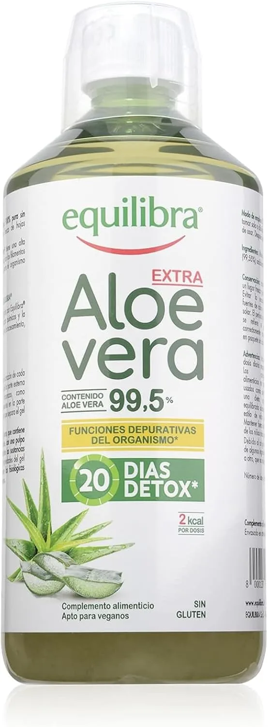Equilibra ▫️ Suplementos Alimentares, Aloe Vera Extra 99,5%, Suplemento de Aloe Vera para beber puro ou diluído, sem aloína, desintoxicante, polpa pura, sem água adicionada, produto vegan, sem glúten, 1 litro
