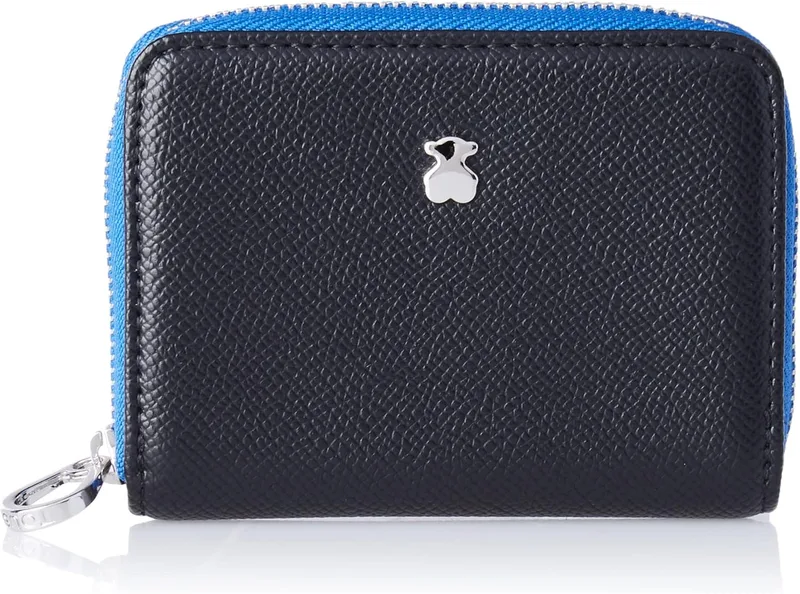 TOUS ▫️ Carteira Medium de poliuretano com efeito Saffiano em preto e azul, fecho de correr e botão de pressão, medidas 11 x 8 x 3 cm, bonita e chique, Coleção Dubai