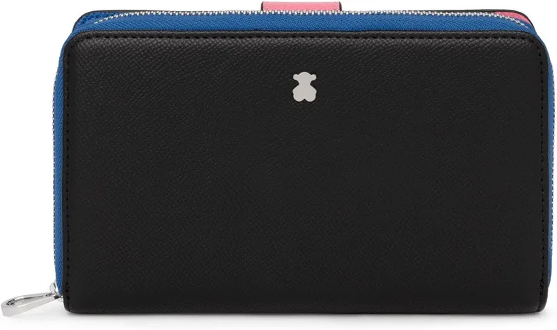 TOUS ▫️ Carteira média em poliuretano com efeito Saffiano em preto e azul, fecho de pressão e fecho de correr, medidas 20 x 10 x 3 cm, bonita e chique, Coleção Dubai