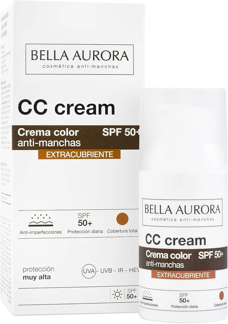 BELLA AURORA ▫️ CC Cream Antimanchas de Cobertura Extra SPF50+ 30 ml, Protetor Solar Antimanchas, Creme Colorido Antimanchas, para Hiperpigmentações e Uniformização do Tom, Creme Solar Facial, Cobertura Ótima