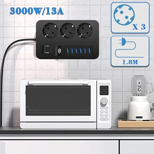 SDKDZKG ▫️ Extensão com 3 tomadas (13 A/3000 W) com interruptor individual, 6 portas de carregamento USB (3,1 A/5 V, 1,8 m, adaptador de corrente para cabos, adequada para escritórios e viagens em casa (preto)) 2