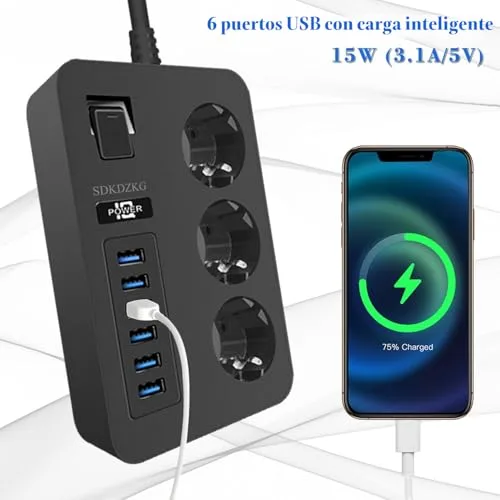 SDKDZKG ▫️ Extensão com 3 tomadas (13 A/3000 W) com interruptor individual, 6 portas de carregamento USB (3,1 A/5 V, 1,8 m, adaptador de corrente para cabos, adequada para escritórios e viagens em casa (preto)) 3