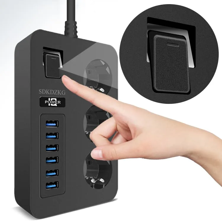 SDKDZKG ▫️ Extensão com 3 tomadas (13 A/3000 W) com interruptor individual, 6 portas de carregamento USB (3,1 A/5 V, 1,8 m, adaptador de corrente para cabos, adequada para escritórios e viagens em casa (preto)) 6