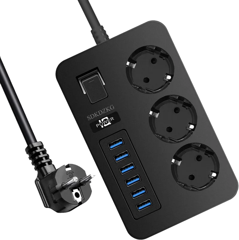 SDKDZKG ▫️ Extensão com 3 tomadas (13 A/3000 W) com interruptor individual, 6 portas de carregamento USB (3,1 A/5 V, 1,8 m, adaptador de corrente para cabos, adequada para escritórios e viagens em casa (preto))