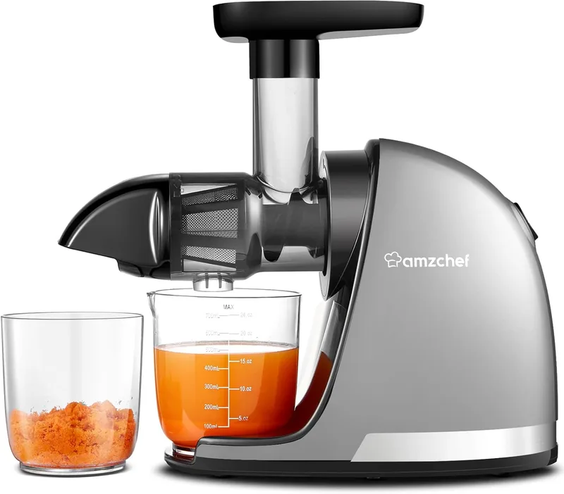 AMZCHEF ▫️ Liquidificador de prensagem a frio - Extrator de sumos e vegetais - Liquidificadores para sumos com 2 recipientes e escova - Máquina de sumos de prensagem a frio com função de mastigação inversa - Prata | para sumos com 2 reservatórios e escova - máquina de sumos a frio com função de mast