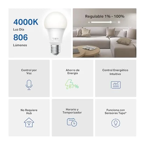 Tapo ▫️ L520E – Lâmpada inteligente Wi-Fi, Branco Neutro 4000K, 8,7 W / 806 lm, E27 2