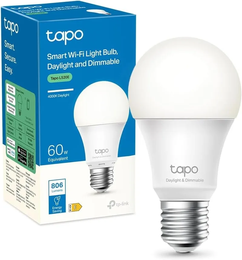 Tapo ▫️ L520E – Lâmpada inteligente Wi-Fi, Branco Neutro 4000K, 8,7 W / 806 lm, E27 | Regulável. 16 milhões de cores. Horários e temporizador. Não requer hub. Modo «Ausente». Controlo por voz (Alexa/Google) e aplicação