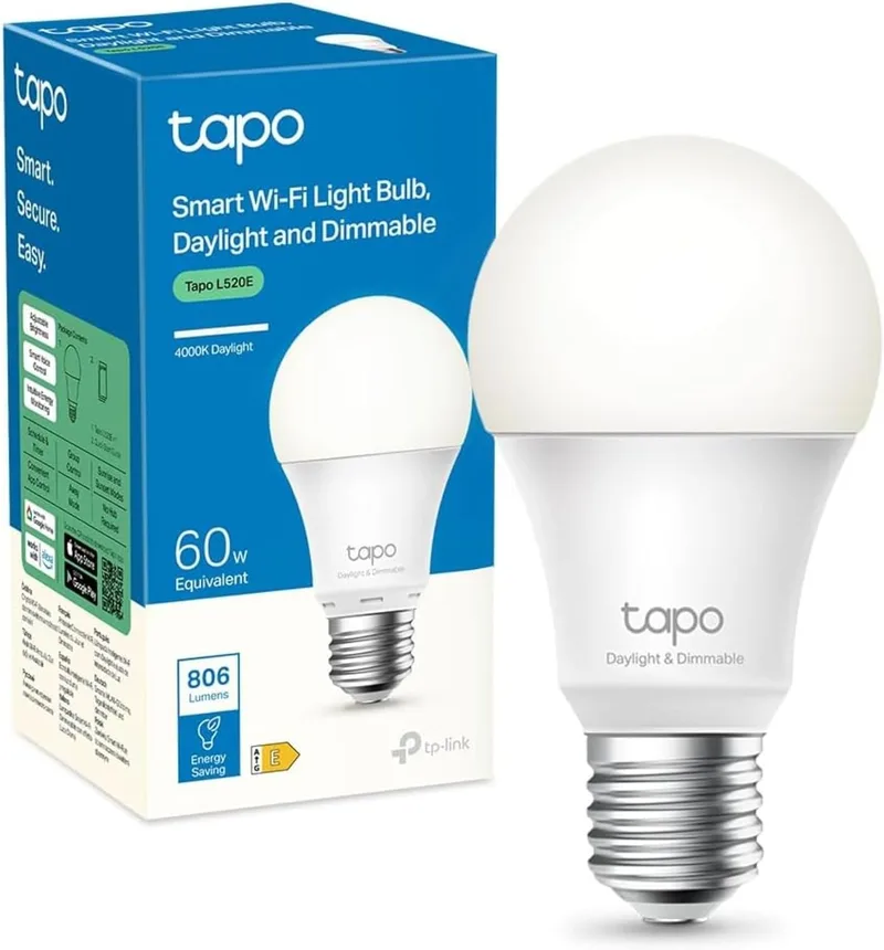 Tapo ▫️ L520E – Lâmpada inteligente Wi-Fi, Branco Neutro 4000K, 8,7 W / 806 lm, E27 | Regulável. 16 milhões de cores. Horários e temporizador. Não requer hub. Modo «Ausente». Controlo por voz (Alexa/Google) e aplicação
