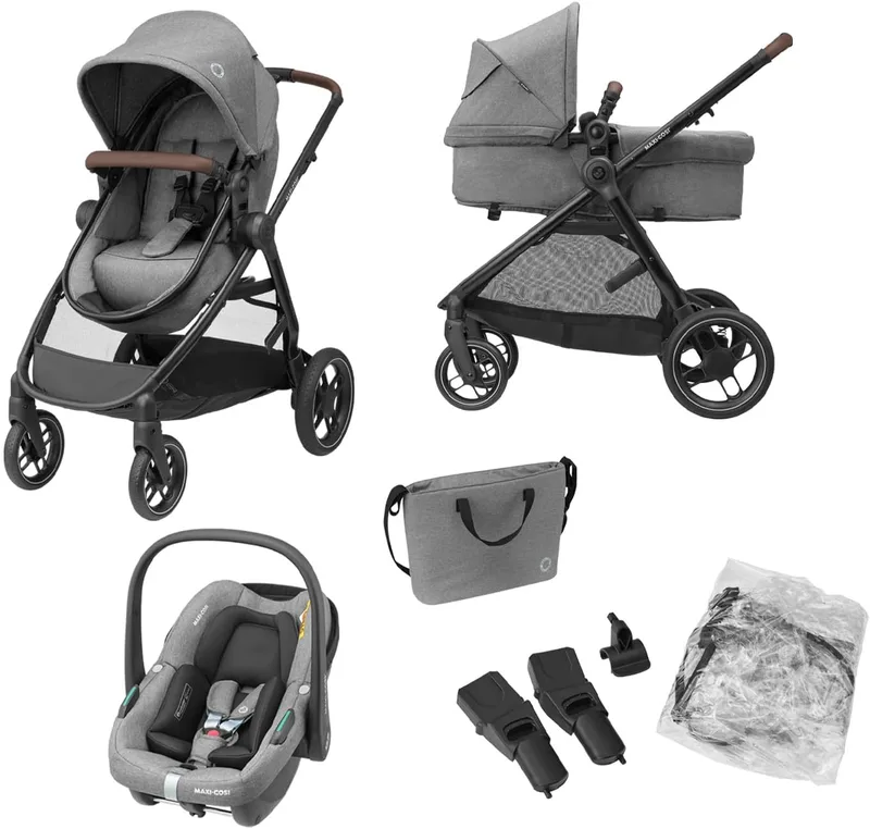 Carrinho de bebé Maxi-Cosi Zelia S Trio de 3 peças, 0 - 4 anos, até 22 kg, dobrável, compacto, reclinável, com cadeira auto CabrioFix S i-Size, acessórios, saco para mudar fraldas, cinzento