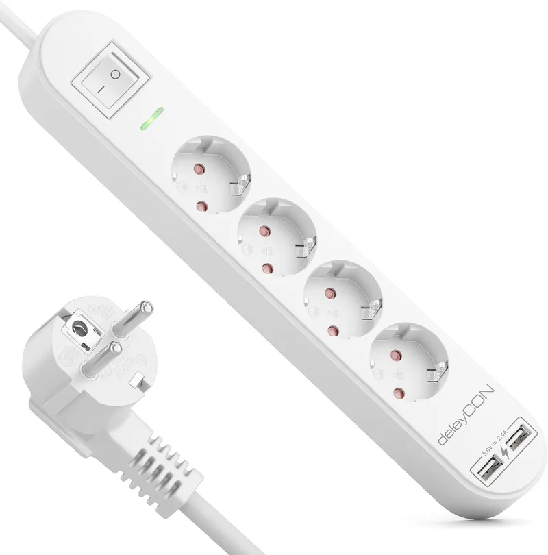deleyCON ▫️ Faixa de proteção eléctrica com 1,5 m, quatro tomadas, portas USB, duas saídas USB-A para carregar telemóvel e tablet, proteção contra sobretensão, interrutor, branco