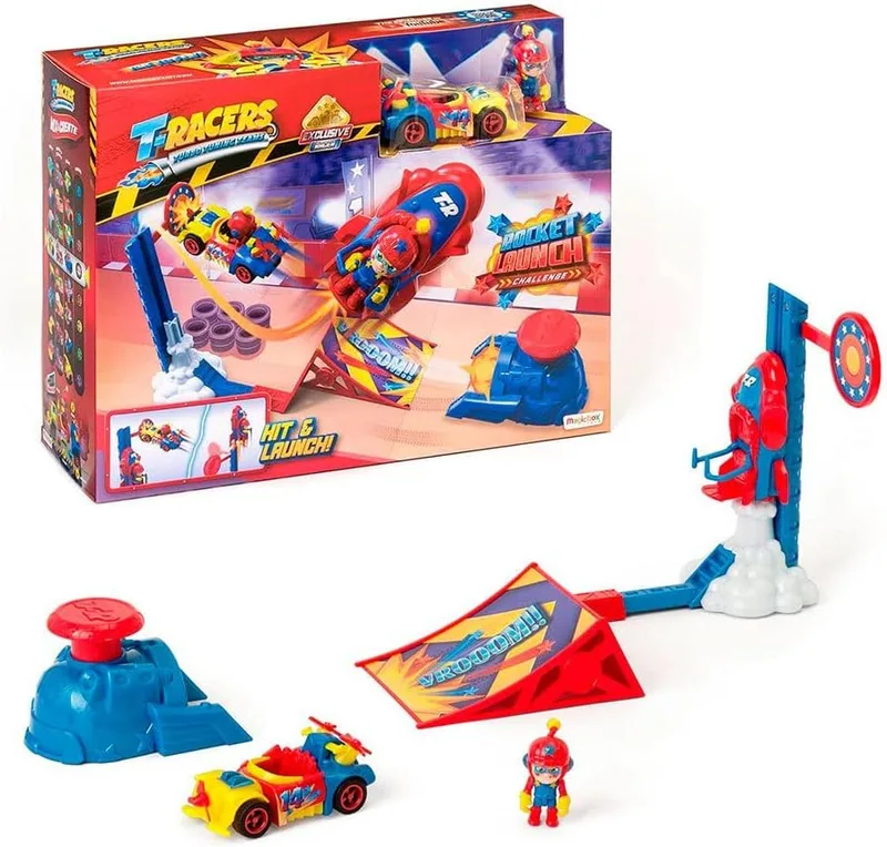 T-Racers ▫️ Rocket Launch – Lançador com rampa, 1 piloto e 1 carro de corrida exclusivo, pista de carros de brincar, unissexo