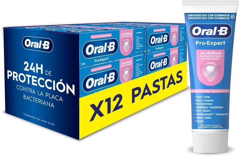 Oral-B ▫️ Pasta de dentes Pro-Expert Sensibilidade e Branqueamento, embalagem de 12 x 75 ml | Pasta de dentes para dentes sensíveis, com fluoreto de estanho, protege contra a placa bacteriana, sabor a menta