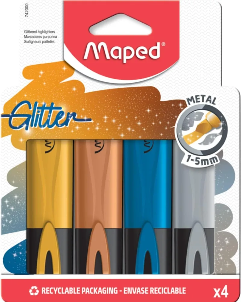 Maped ▫️ Material Escolar - Marcadores metálicos com purpurina - Tons de purpurina - Pode ser aplicado em qualquer papel - Ponta biselada com traço de 1 a 5 mm - Disponível em dourado, bronze, azul e prateado, 742000
