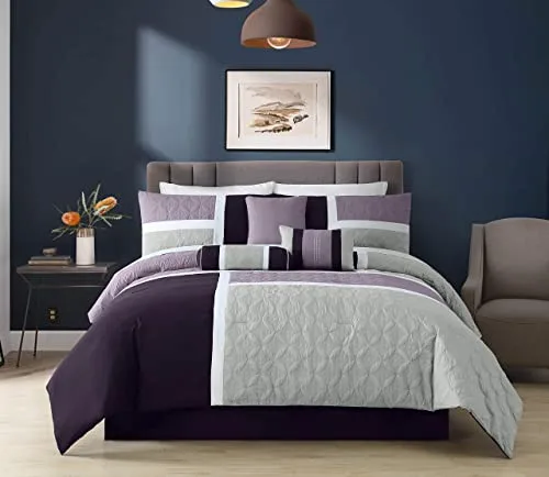 Chezmoi Collection ▫️ Coleção Chezmoi Upland - Conjunto de edredão de 7 peças, design em patchwork, lavanda, cinzento e roxo, tamanho Queen 2