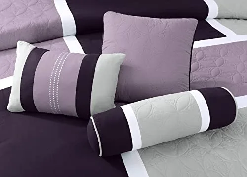 Chezmoi Collection ▫️ Coleção Chezmoi Upland - Conjunto de edredão de 7 peças, design em patchwork, lavanda, cinzento e roxo, tamanho Queen 3