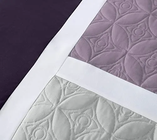 Chezmoi Collection ▫️ Coleção Chezmoi Upland - Conjunto de edredão de 7 peças, design em patchwork, lavanda, cinzento e roxo, tamanho Queen 4