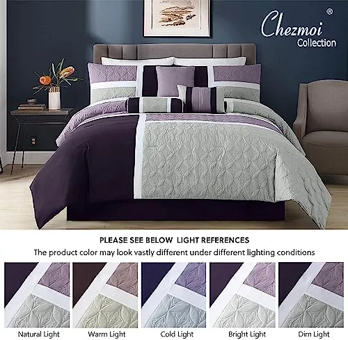 Chezmoi Collection ▫️ Coleção Chezmoi Upland - Conjunto de edredão de 7 peças, design em patchwork, lavanda, cinzento e roxo, tamanho Queen 7