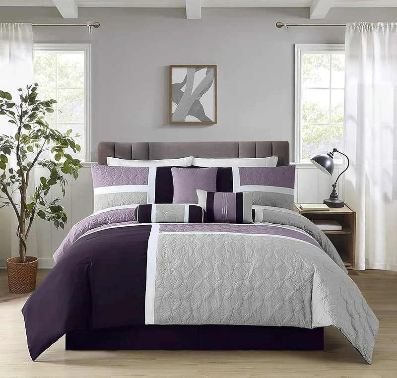 Chezmoi Collection ▫️ Coleção Chezmoi Upland - Conjunto de edredão de 7 peças, design em patchwork, lavanda, cinzento e roxo, tamanho Queen