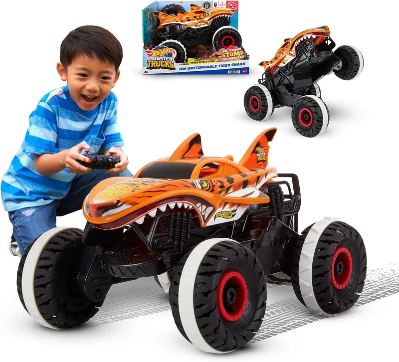 Hot Wheels ▫️ Monster Trucks Carro Teleguiado, Carro de Brincar com Controlo Remoto Tiger Shark Unstoppable, veículo todo-o-terreno, +3 anos, HGV87