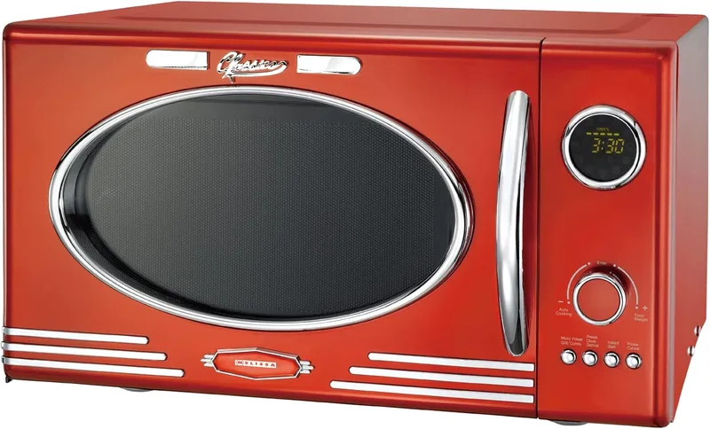 melissa ▫️ Retro micro-ondas 16330129 com grelhador - 23 L, micro-ondas de 800 Watt, grelhador de 1000 Watt, 12 programas automáticos, ecrã LED, bloqueio para crianças, vermelho metalizado