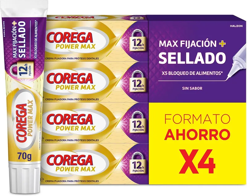 Corega ▫️ Max Fixação + Vedação, Creme Fixador para Próteses Dentárias, 4x70 g