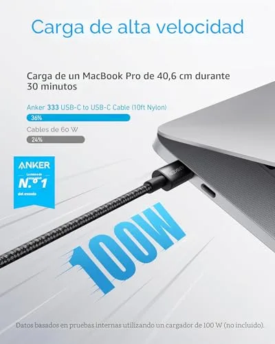 Anker ▫️ Cabo USB-C 333 em nylon, carregamento rápido de 100 W, PD 3.0 [1 m], preto, 3 embalagens 2