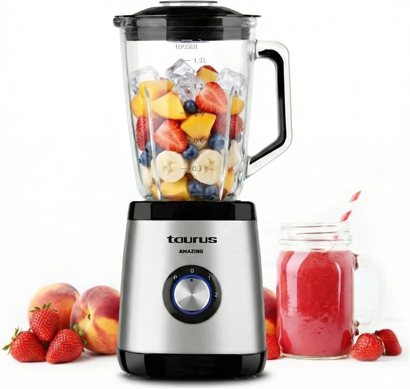 Taurus ▫️ Liquidificador de vidro Magnum 1500, 1500 W, jarro de vidro de 1,5 L, 4 lâminas amovíveis em aço inoxidável, função triturador de gelo, sem BPA, lavável na máquina de lavar louça, 2 velocidades e turbo, cinzento