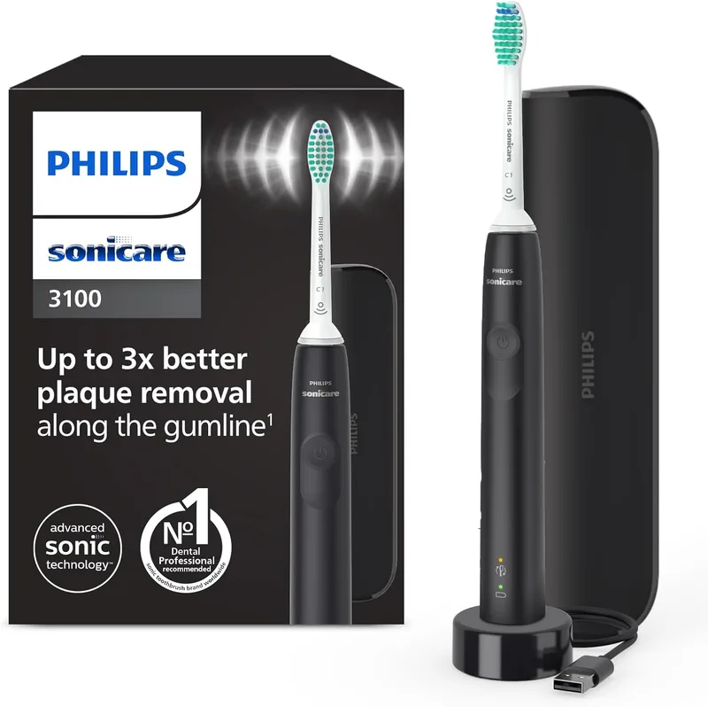 PHILIPS ▫️ Sonicare 3100, escova de dentes elétrica sónica, com sensor de pressão e temporizador, estojo de viagem, preto, HX3673/14, Preto