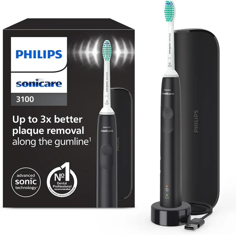 PHILIPS ▫️ Sonicare 3100, escova de dentes elétrica, sónica, com sensor de pressão e temporizador, estojo de viagem, preto, HX3673/14, Preto
