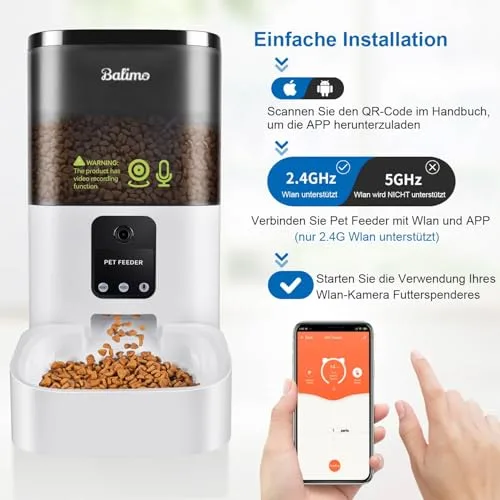 Balimo ▫️ Comedouro Automático para Gatos com Wi-Fi 2,4 GHz e Câmara HD 1080p, Distribuidor de 4 L de Comida para Gatos e Cães com Visão Noturna por Vídeo e Áudio Bidirecional, Fonte de Alimentação Dupla, 8 Refeições por Dia 2