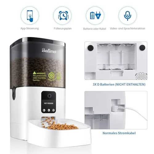 Balimo ▫️ Comedouro Automático para Gatos com Wi-Fi 2,4 GHz e Câmara HD 1080p, Distribuidor de 4 L de Comida para Gatos e Cães com Visão Noturna por Vídeo e Áudio Bidirecional, Fonte de Alimentação Dupla, 8 Refeições por Dia 5