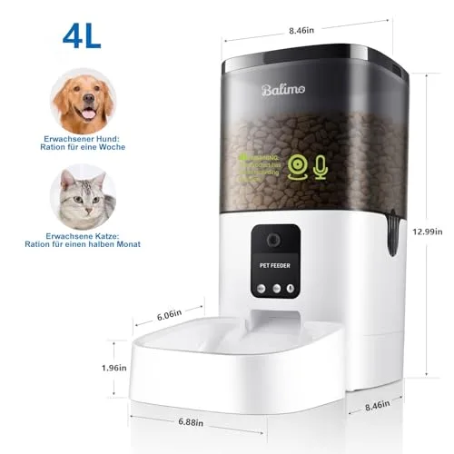 Balimo ▫️ Comedouro Automático para Gatos com Wi-Fi 2,4 GHz e Câmara HD 1080p, Distribuidor de 4 L de Comida para Gatos e Cães com Visão Noturna por Vídeo e Áudio Bidirecional, Fonte de Alimentação Dupla, 8 Refeições por Dia 6