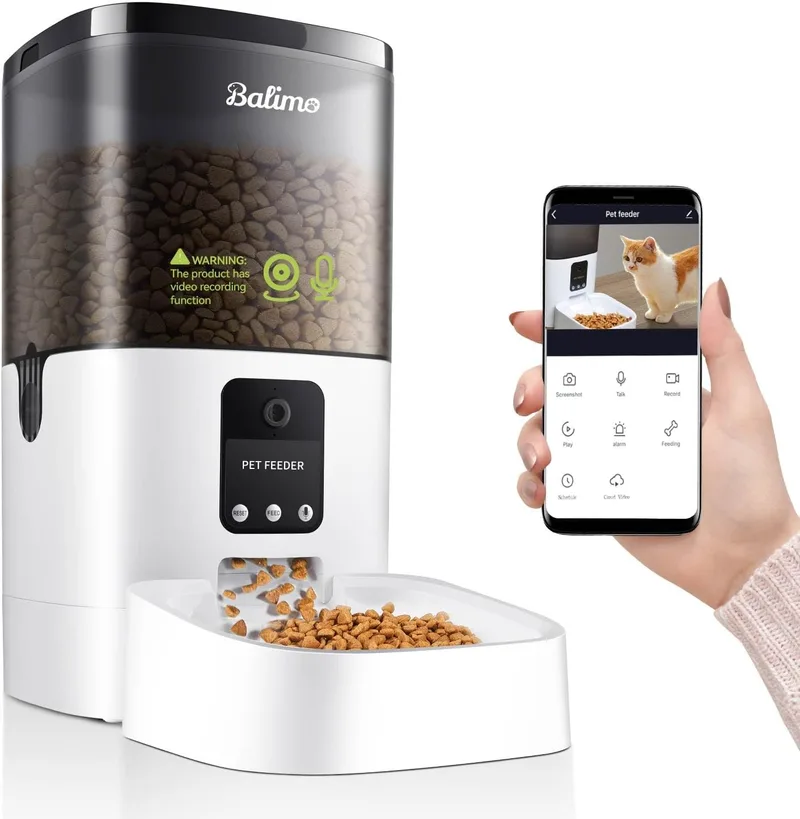 Balimo ▫️ Comedouro Automático para Gatos com Wi-Fi 2,4 GHz e Câmara HD 1080p, Distribuidor de 4 L de Comida para Gatos e Cães com Visão Noturna por Vídeo e Áudio Bidirecional, Fonte de Alimentação Dupla, 8 Refeições por Dia