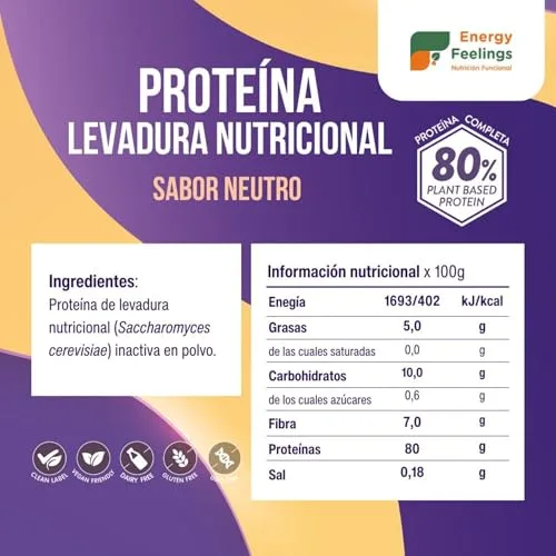 Energy Feelings ▫️ Proteína de Levedura Nutricional em Pó Sem Sabor 500 g, Proteína Vegana Sem Lactose e Sem Glúten para o Desenvolvimento Muscular, com Todos os Aminoácidos Essenciais, Proteína Vegana em Pó 2